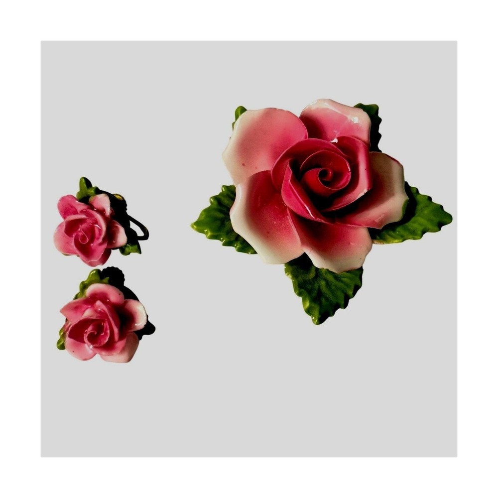 Thorley Bone China Pink Rose Brooch and Screw Back Earrings Set Made in England
